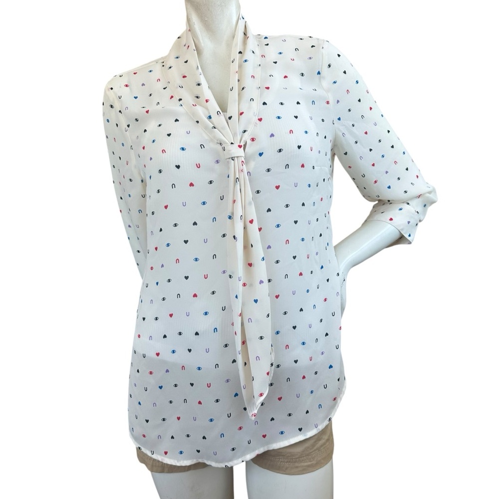 ModCloth Eye Love You Ivory Tie Neck Long Sleeve Blouse Size Medium